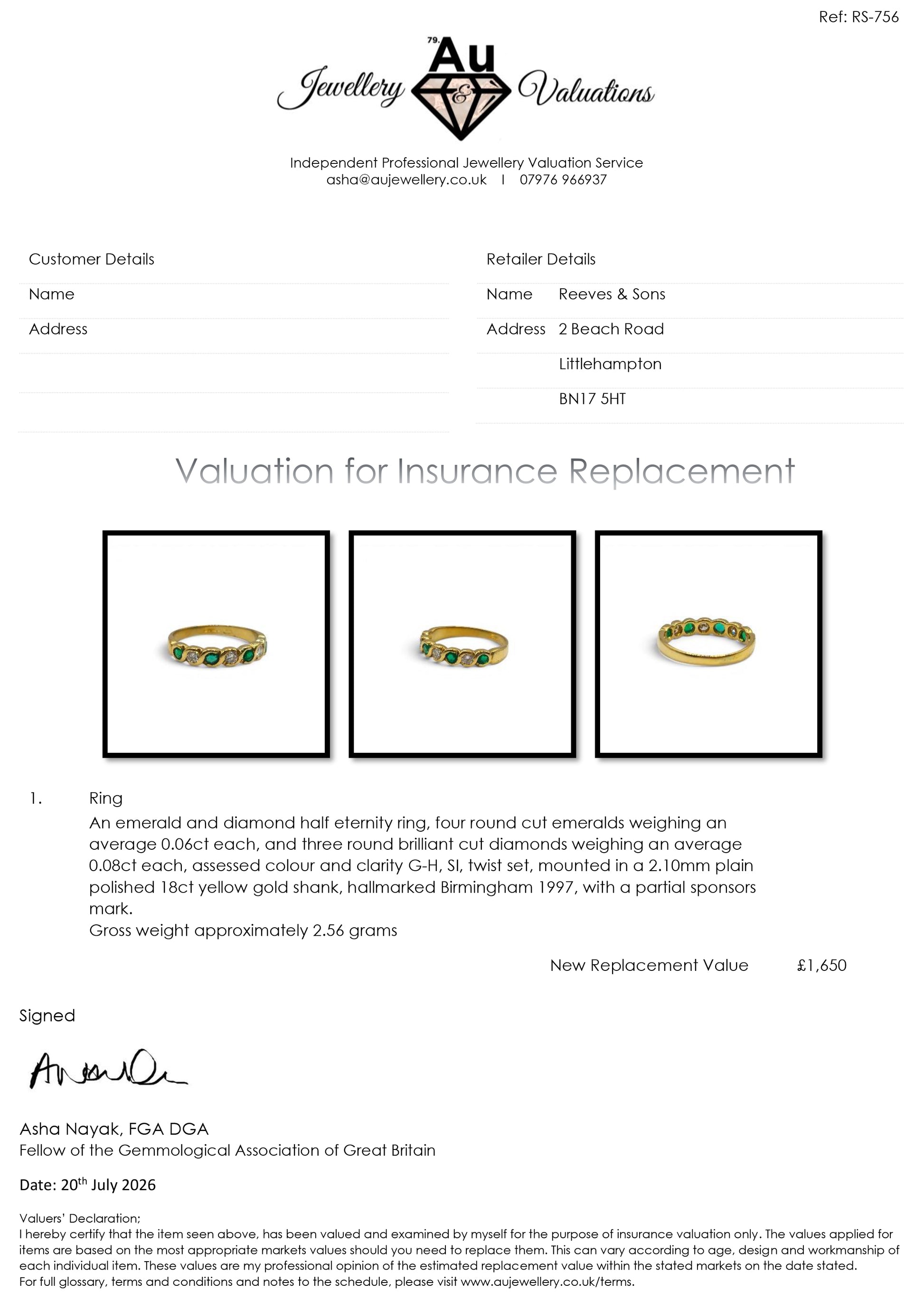 18ct yellow gold half eternity ring with emeralds and diamonds from Reeves and Sons, showcasing sparkling gemstones and elegant design.