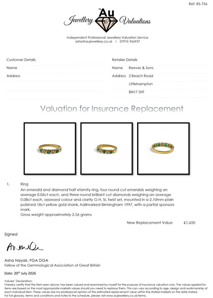 18ct yellow gold half eternity ring with emeralds and diamonds from Reeves and Sons, showcasing sparkling gemstones and elegant design.