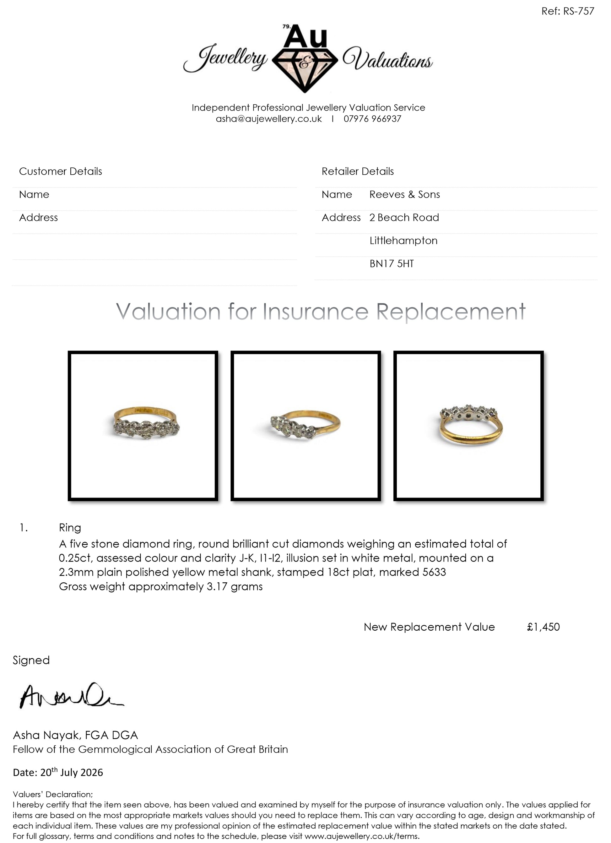 18ct yellow gold diamond ring by Reeves and Sons, featuring a sparkling diamond setting and elegant craftsmanship.