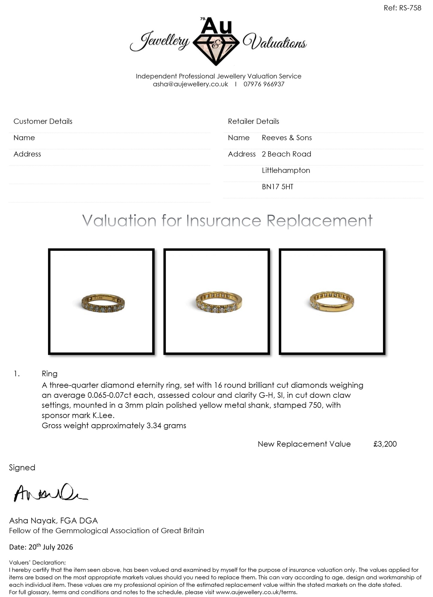 18ct yellow gold diamond eternity ring by Reeves and Sons, featuring sparkling diamonds set in a continuous band.