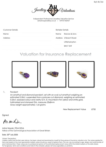9ct yellow gold amethyst and diamond pendent bb2040b
