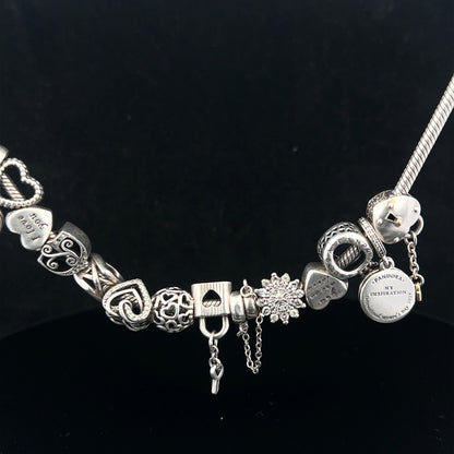 Pandora charm necklace 20-inch chain with intricate silver design, showcasing detailed craftsmanship and elegant style.
