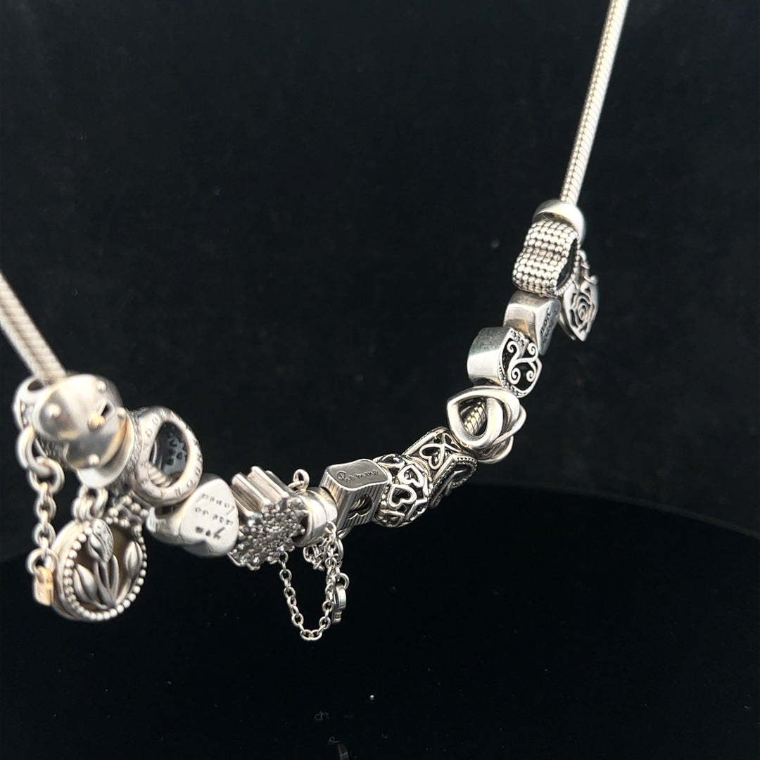 PANDORA charm necklace chain, 20 inches long, with a sleek silver finish and detailed clasp, displayed against a neutral background.
