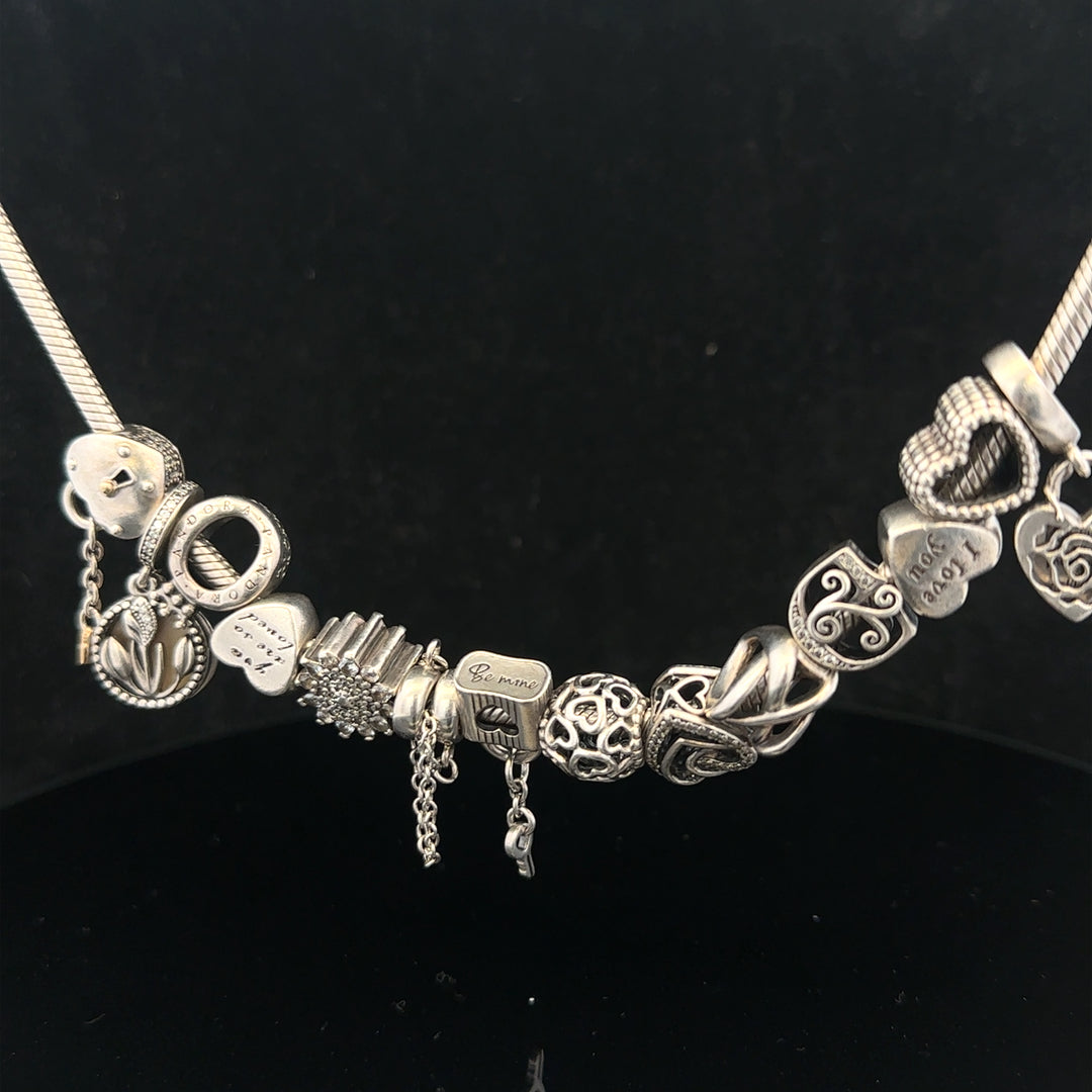 Pandora 20-inch charm necklace chain with silver finish and intricate design, showcasing elegant jewelry style.