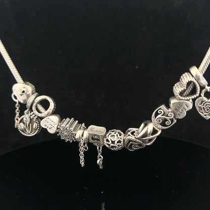Pandora 20-inch charm necklace chain with silver finish and intricate design, showcasing elegant jewelry style.