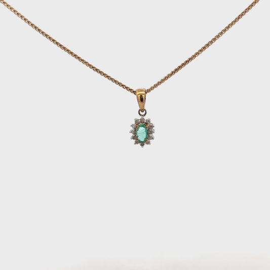 9ct yellow gold chain and emerald and diamond pendant 2.4g (sh25034l)