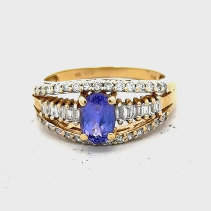 18ct yellow gold diamond and tanzanite ring size N1/2