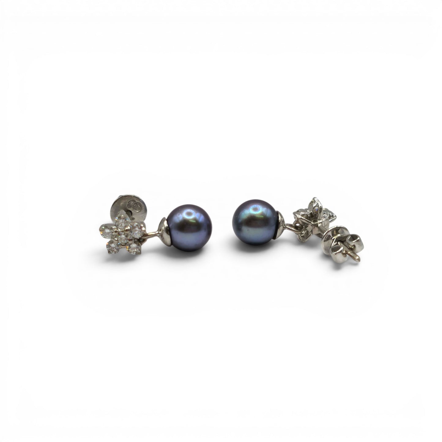 18ct white gold diamond and pearl earrings by Reeves and Sons, featuring elegant pearl drops with sparkling diamonds.