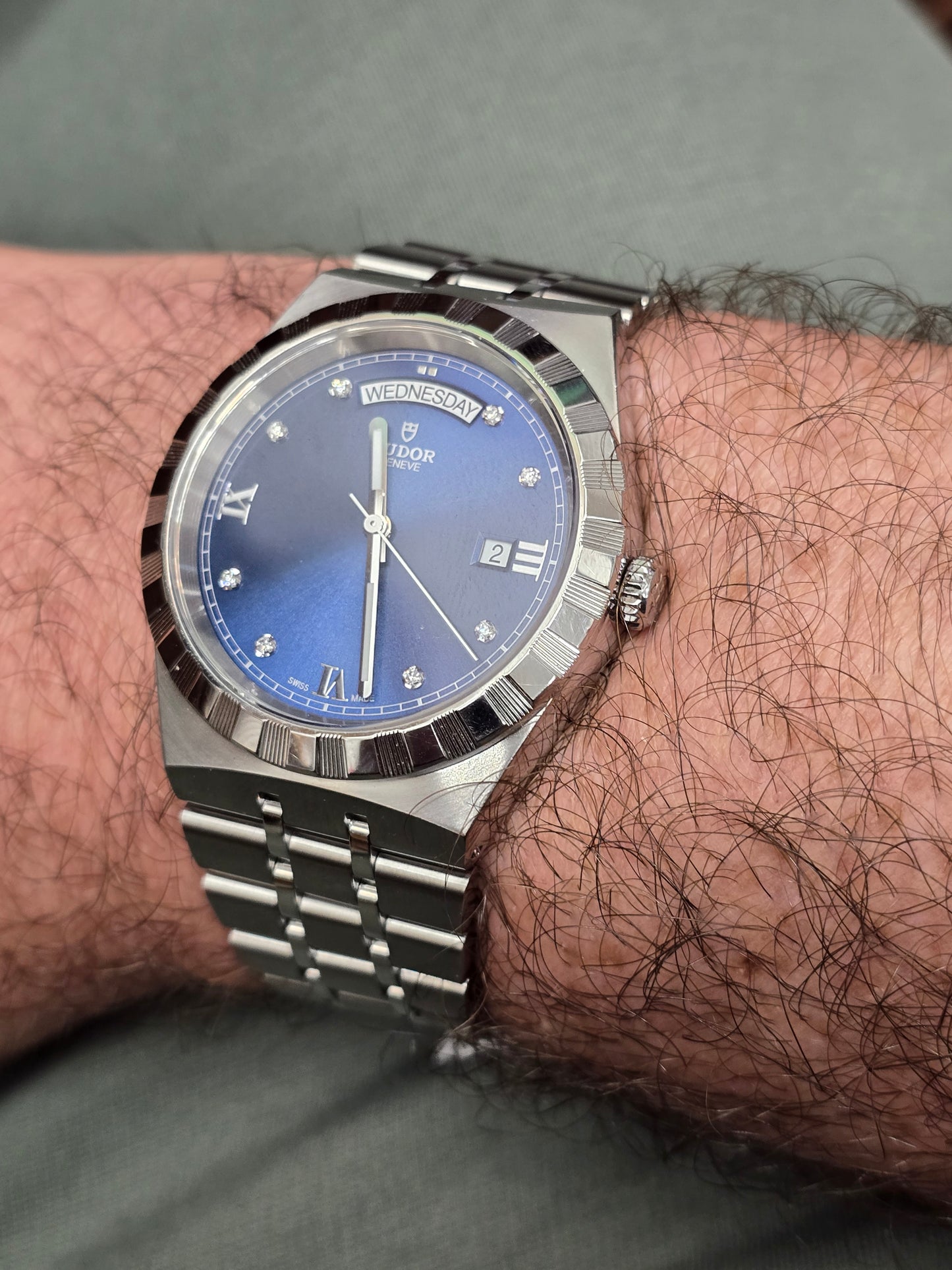 Reeves and Sons Tutor Royal Day Date Diamond Watch Model 28600 with gold case and diamond accents, 2021 design.