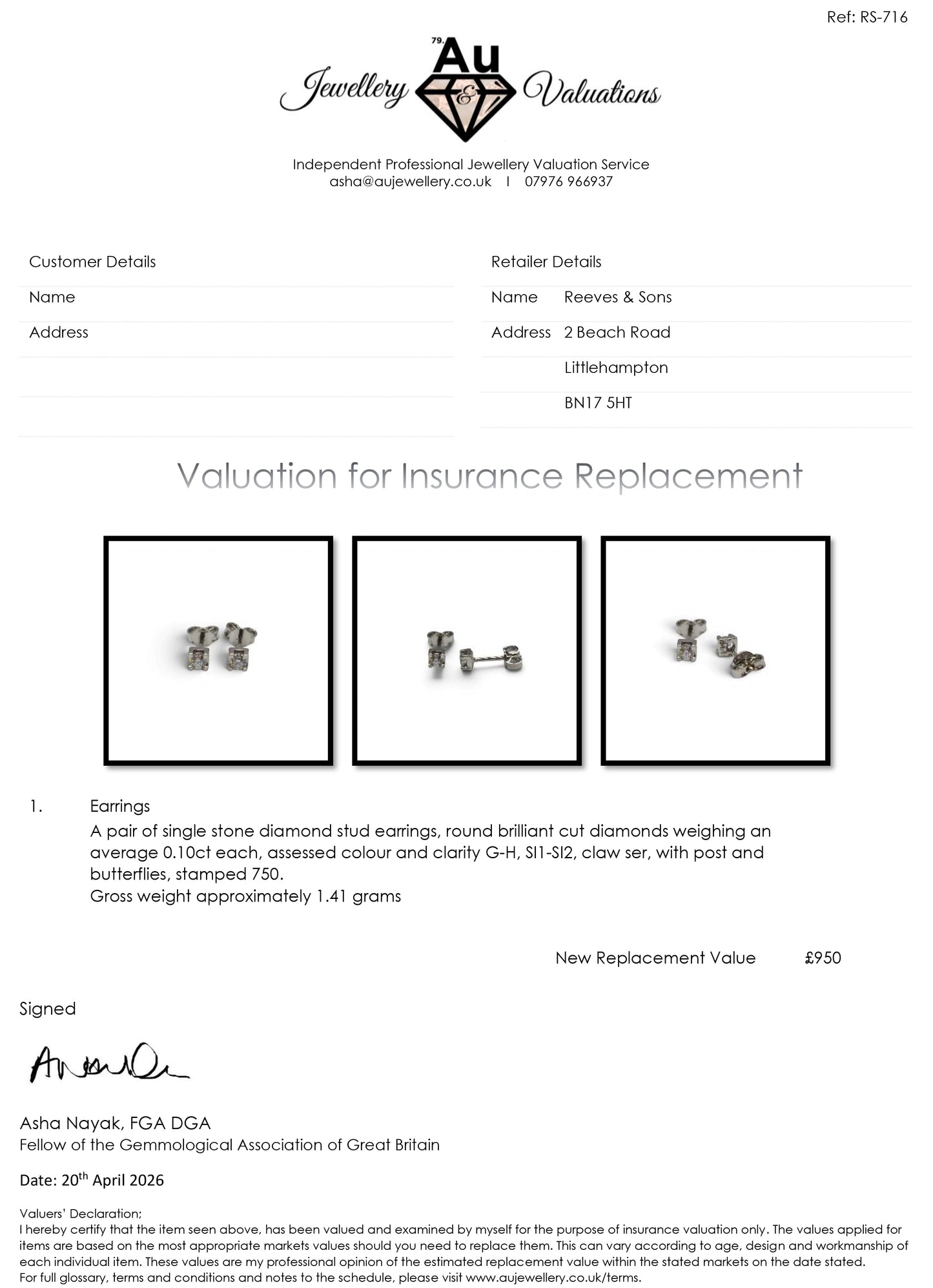 18ct white gold diamond stud earrings by Reeves and Sons featuring sparkling diamonds and classic design.