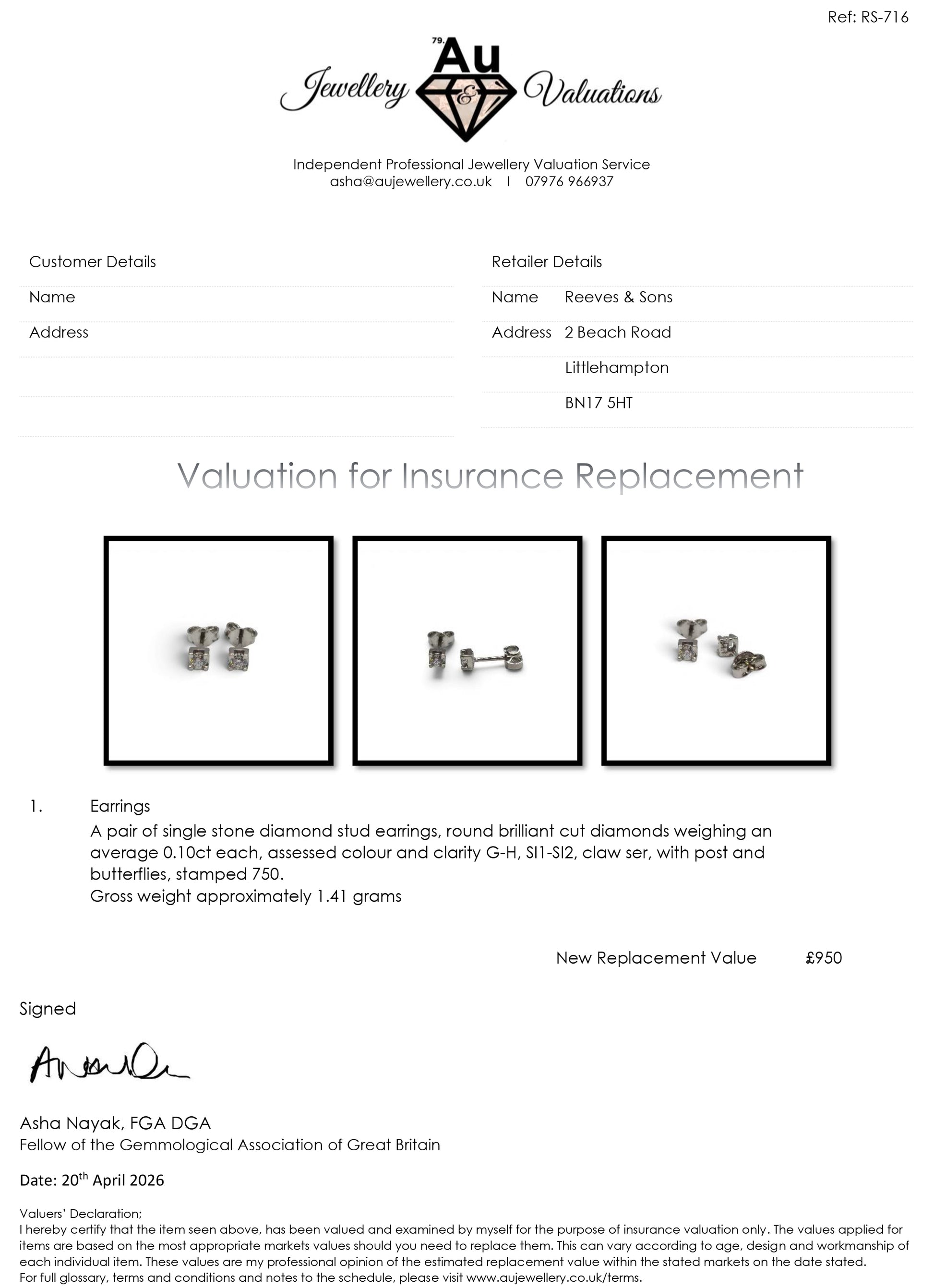 18ct white gold diamond stud earrings by Reeves and Sons featuring sparkling diamonds and classic design.
