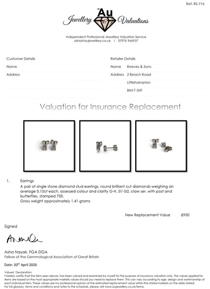 18ct white gold diamond stud earrings by Reeves and Sons featuring sparkling diamonds and classic design.