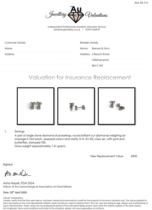 18ct white gold diamond stud earrings by Reeves and Sons featuring sparkling diamonds and classic design.