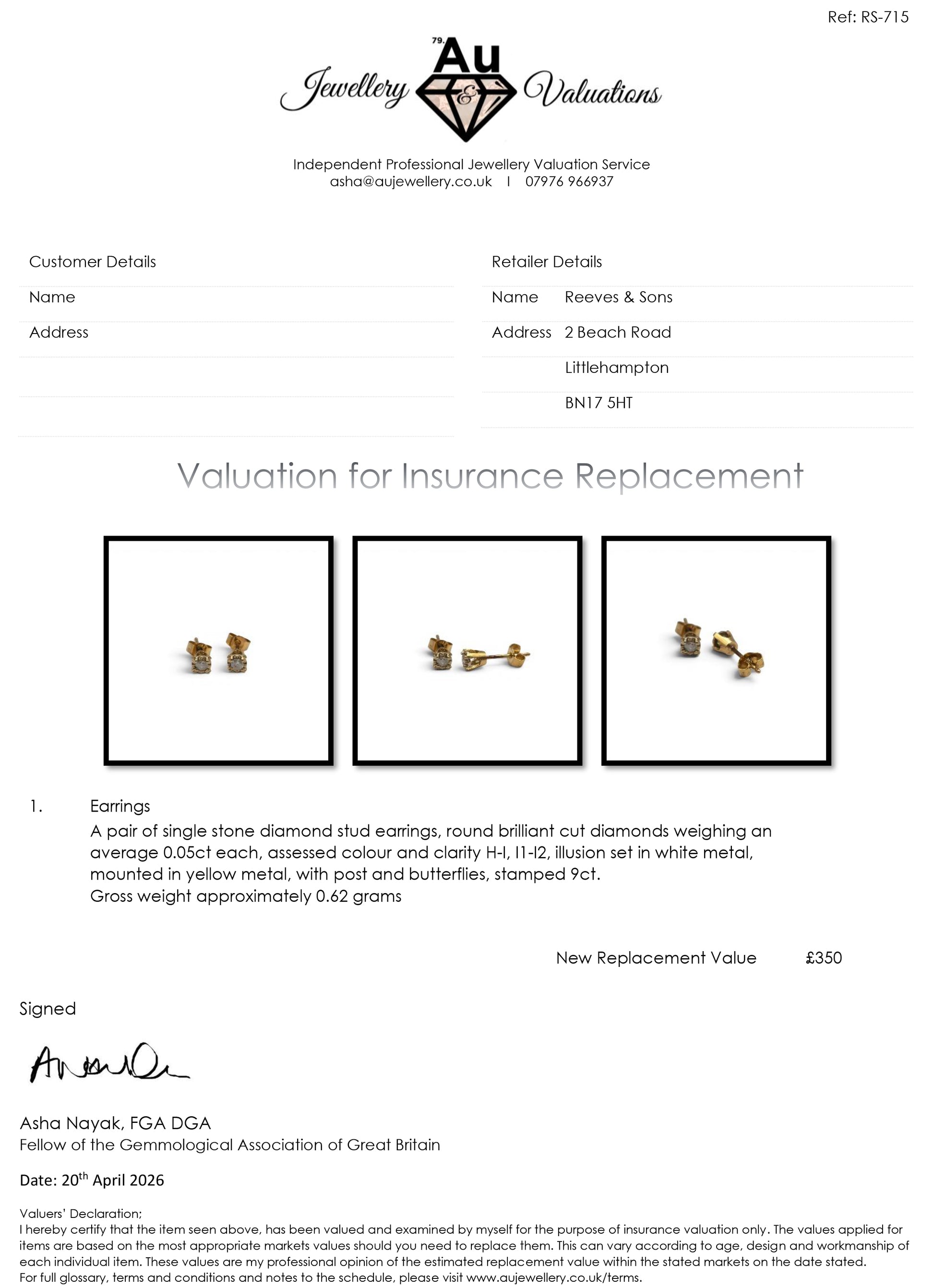 9ct yellow gold diamond stud earrings by Reeves and Sons, close-up of sparkling diamond studs on gold posts