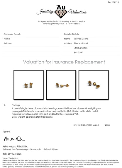 9ct yellow gold diamond stud earrings by Reeves and Sons, close-up of sparkling diamond studs on gold posts