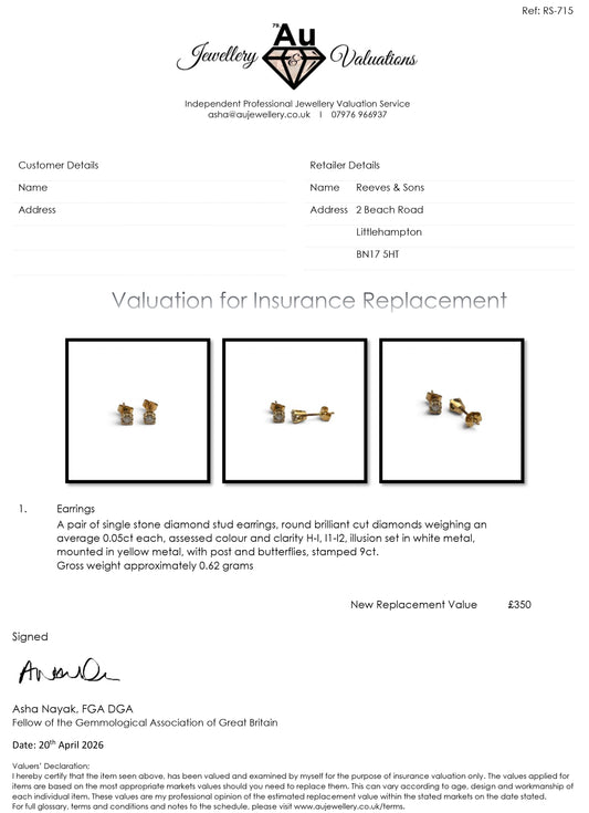 9ct yellow gold diamond stud earrings by Reeves and Sons, close-up of sparkling diamond studs on gold posts