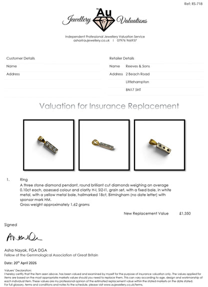 18ct yellow gold diamond three-stone pendant by Reeves and Sons, featuring sparkling diamonds and a delicate chain.