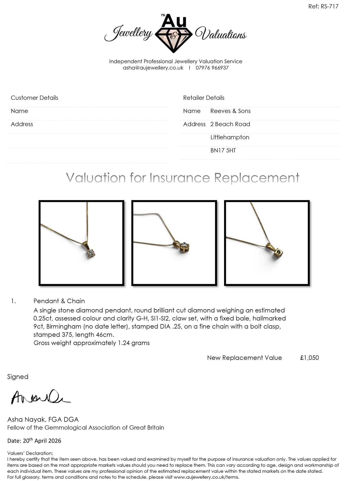 9ct yellow gold chain with diamond pendant from Reeves and Sons, featuring a 0.25 carat diamond and elegant design.