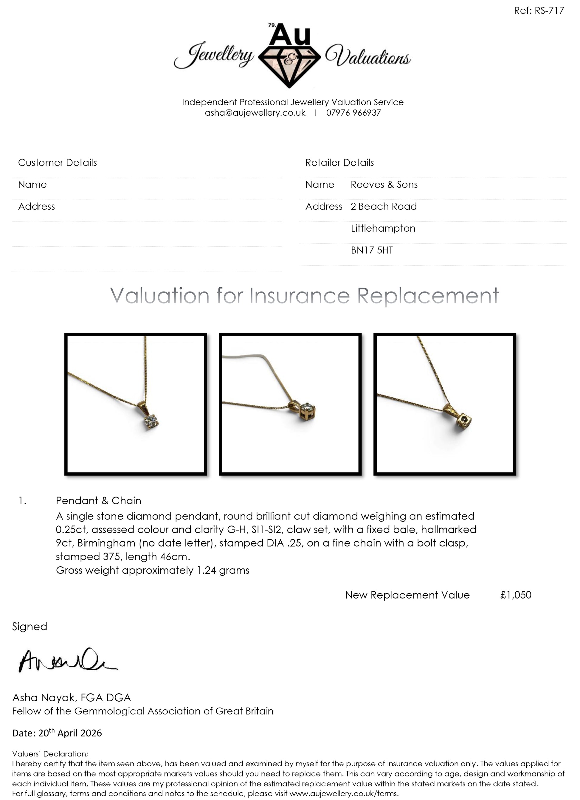 9ct yellow gold chain with diamond pendant from Reeves and Sons, featuring a 0.25 carat diamond and elegant design.