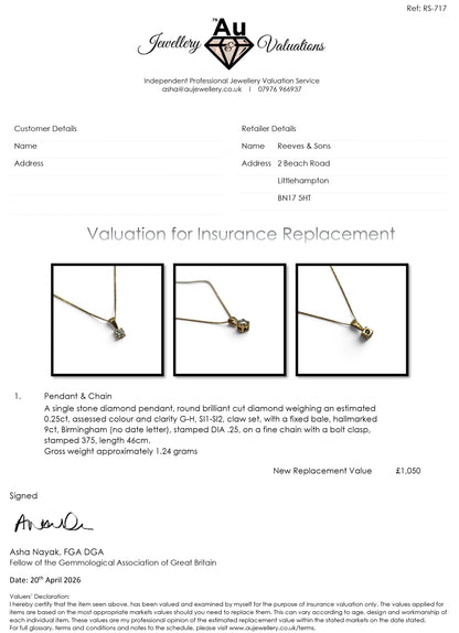 9ct yellow gold chain with diamond pendant from Reeves and Sons, featuring a 0.25 carat diamond and elegant design.