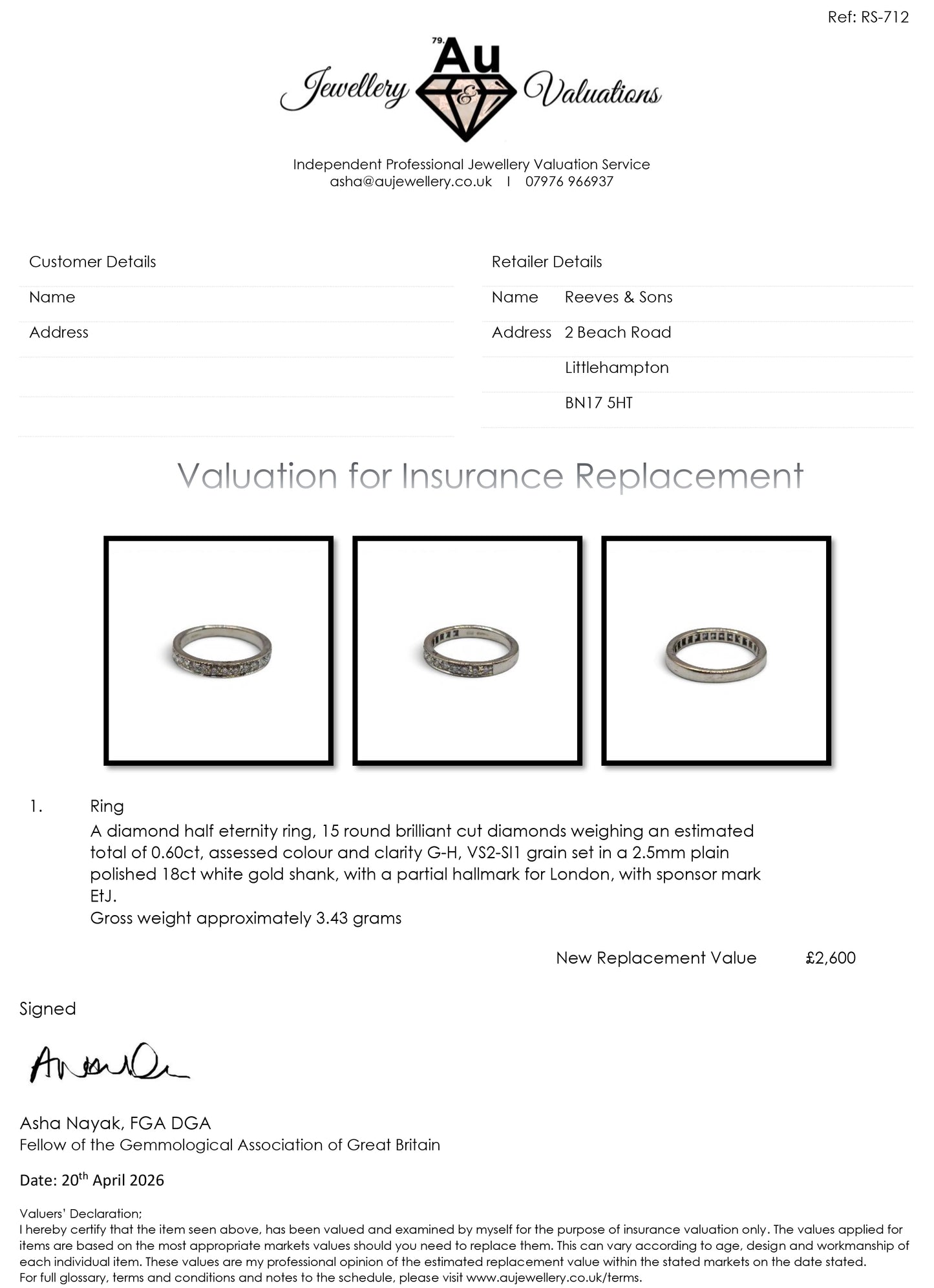 18ct white gold half eternity diamond ring by Reeves and Sons, featuring a row of sparkling diamonds around the band.