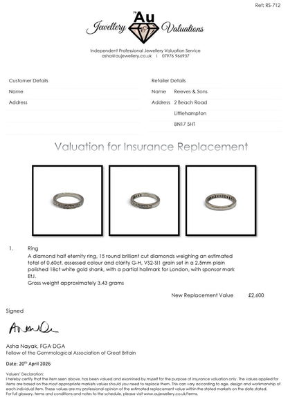 18ct white gold half eternity diamond ring by Reeves and Sons, featuring a row of sparkling diamonds around the band.
