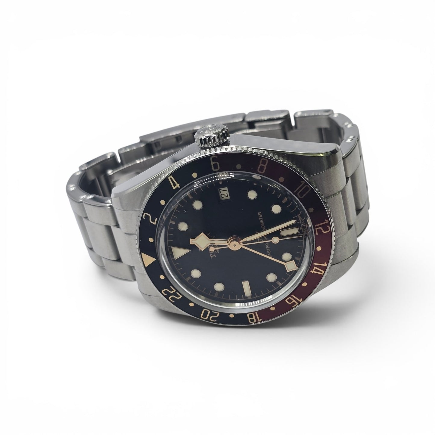 Reeves and Sons Tudor Black Bay 58 GMT Coke fullset watch with black and red bezel, 2024 model, detailed dial and stainless steel bracelet.
