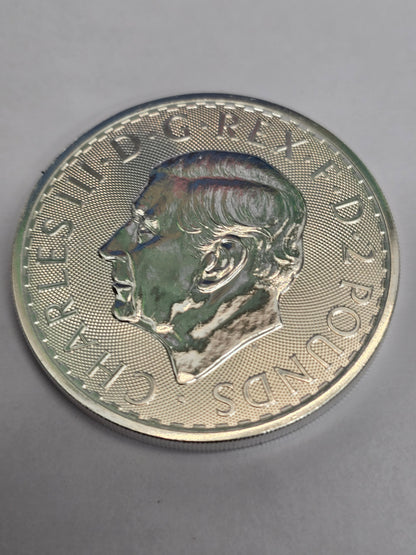 Silver 1oz 2025 Britannia coin by Reeves and Sons, featuring the £2 denomination and fine 999 silver finish.