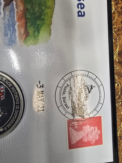 Silver proof £5 coin cover featuring the Harrington & Byrne 2021 lifeboat design, issued by Reeves and Sons.