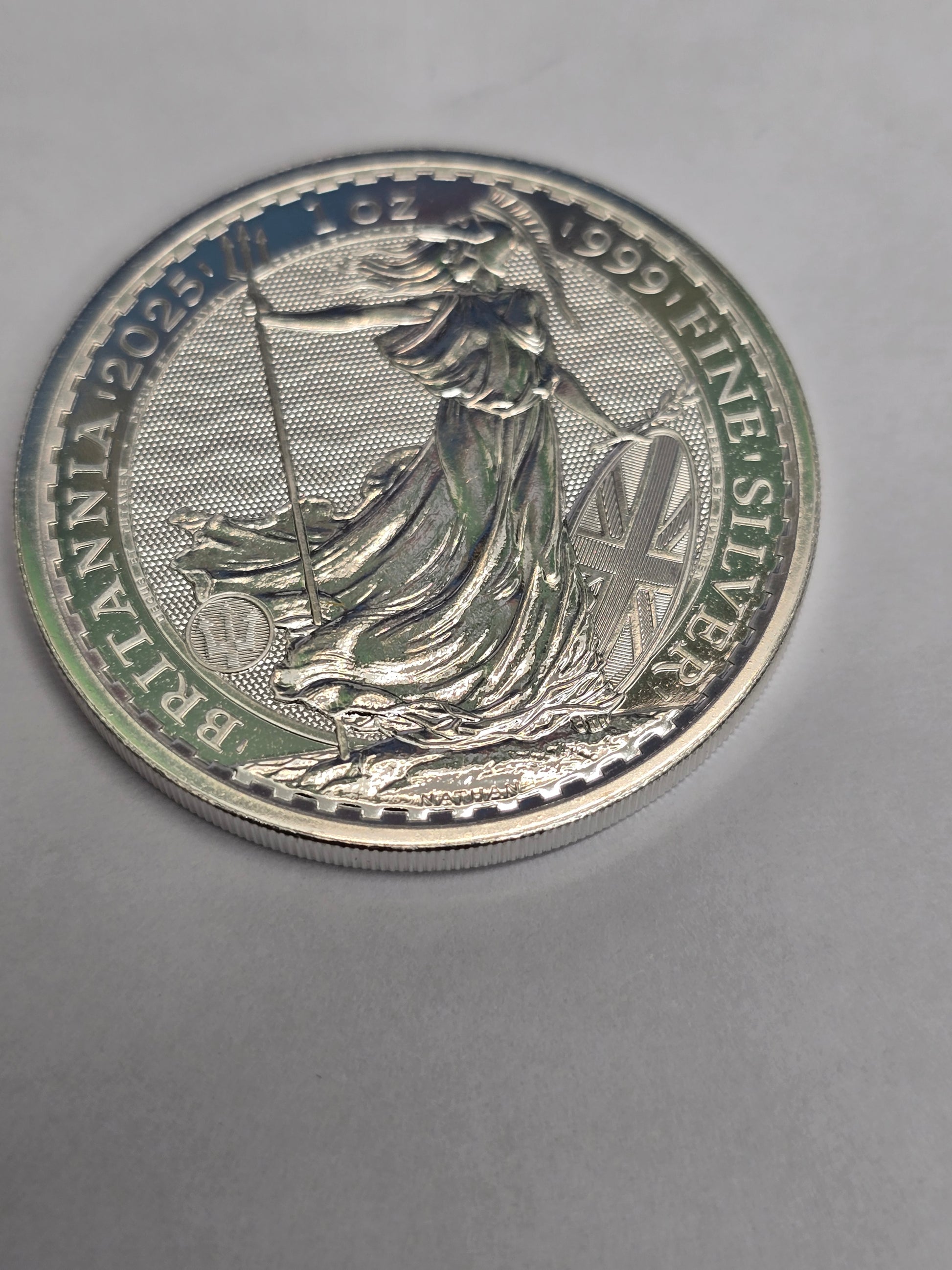 Silver 1oz 2025 Britannia coin by Reeves and Sons featuring the detailed Britannia design in fine silver.