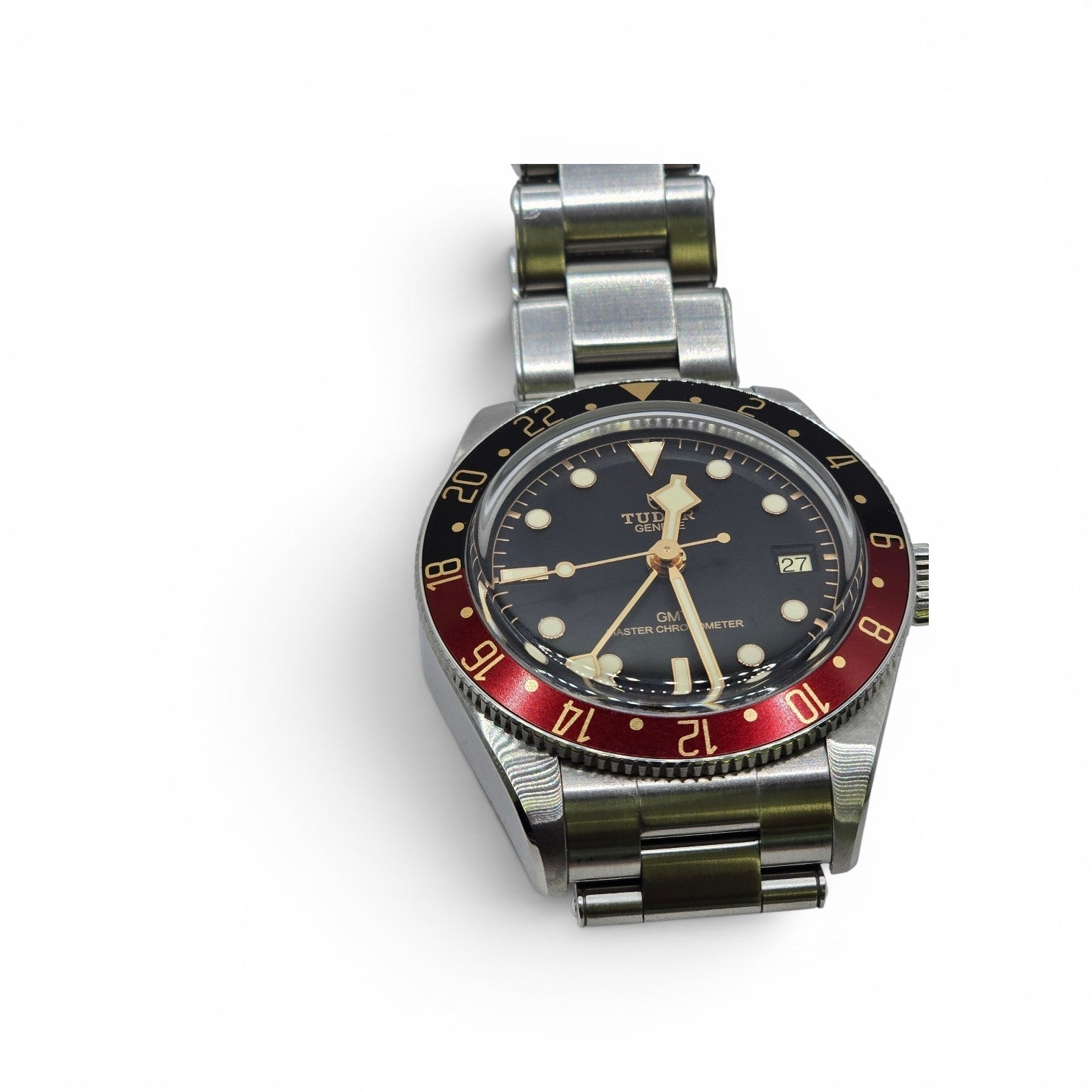 Tudor Black Bay 58 GMT Coke fullset watch, year 2024, featuring a black and red bezel and stainless steel bracelet.