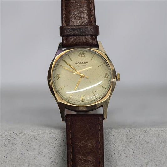 Yellow gold Rotary watch with a classic round face and elegant design, showcasing the 9ct gold finish and detailed dial.
