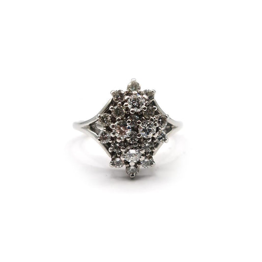 14ct white gold diamond cluster ring with 1.12 carats of sparkling diamonds, elegant unbranded jewelry piece.