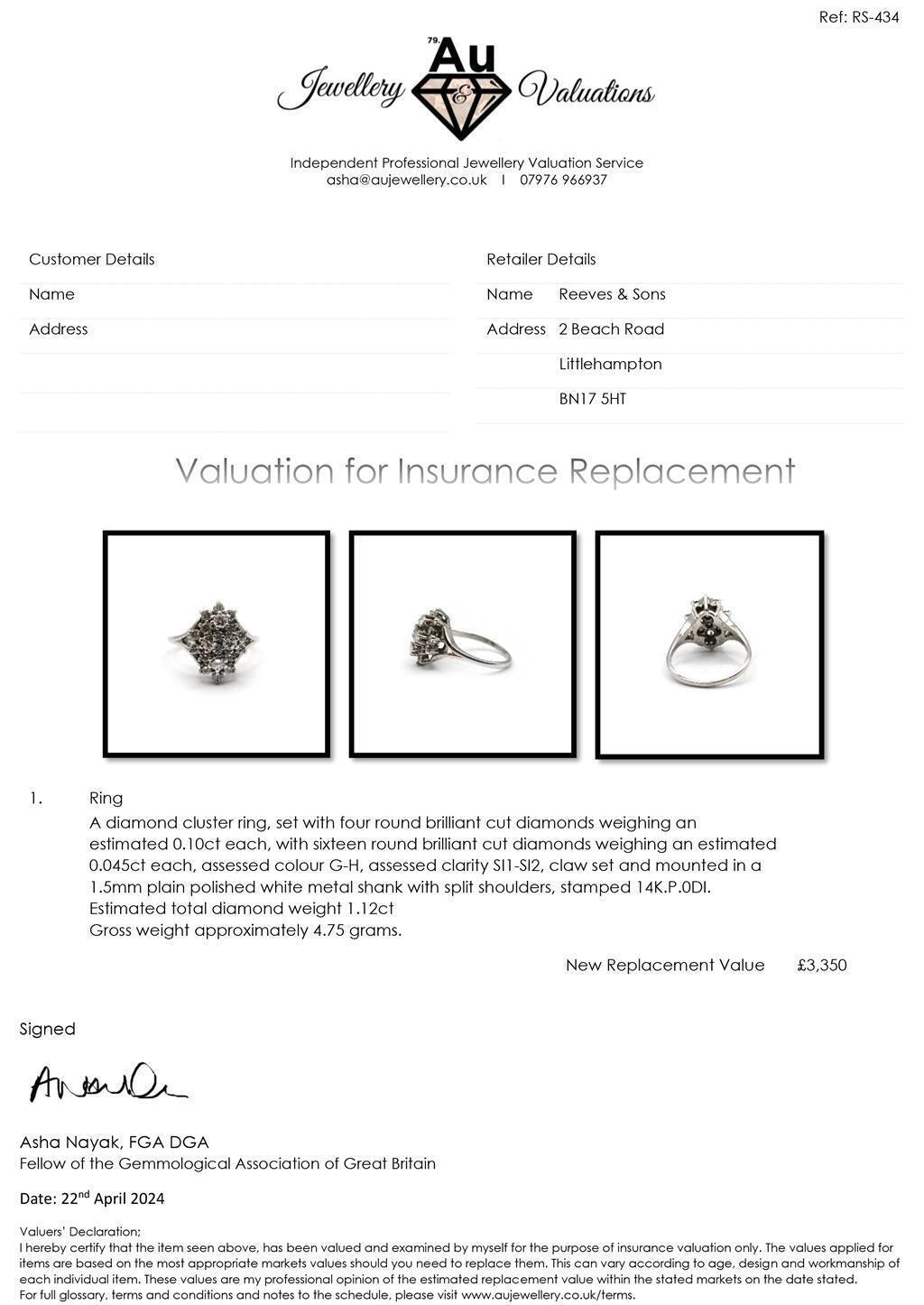 14ct white gold diamond cluster ring with 1.12 carats of sparkling diamonds, showcasing an elegant and intricate design.
