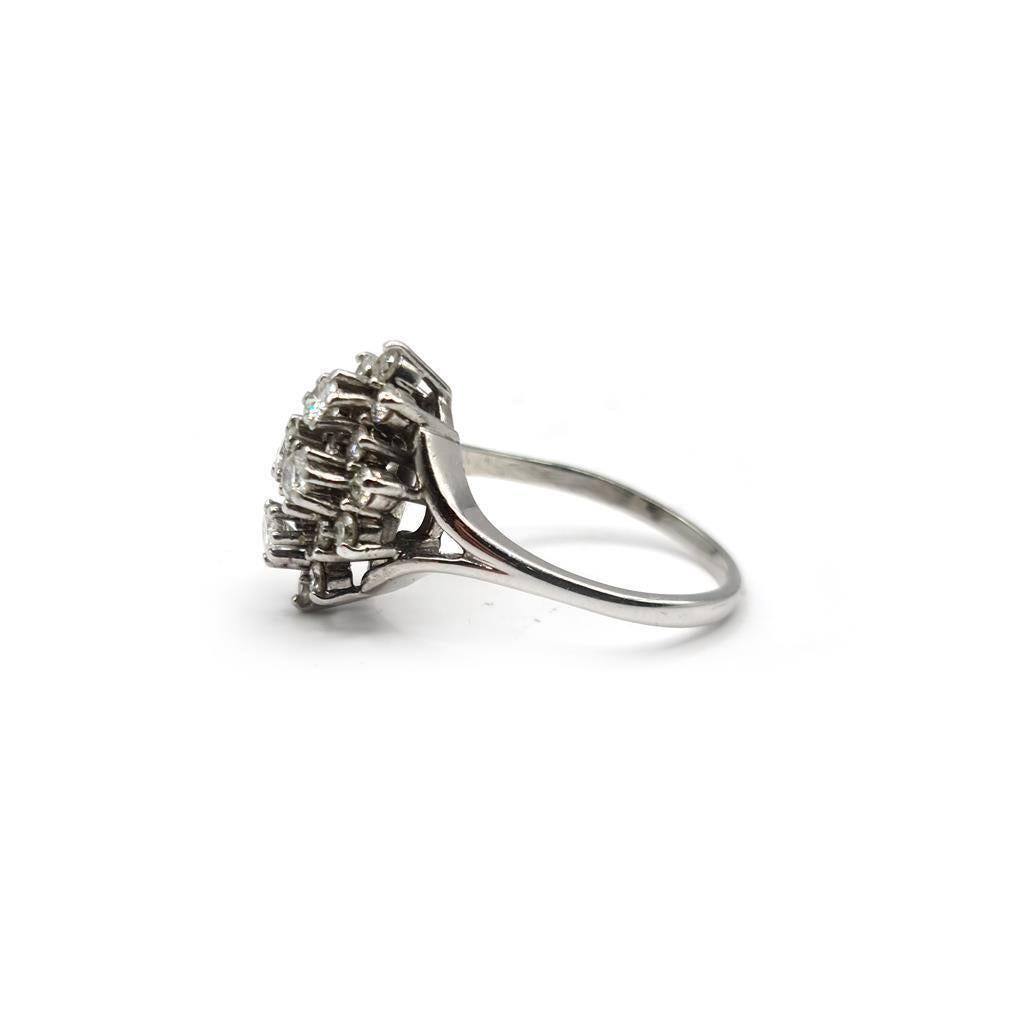14ct white gold diamond cluster ring with 1.12 carats of sparkling diamonds, showcasing a stunning elegant jewelry piece.