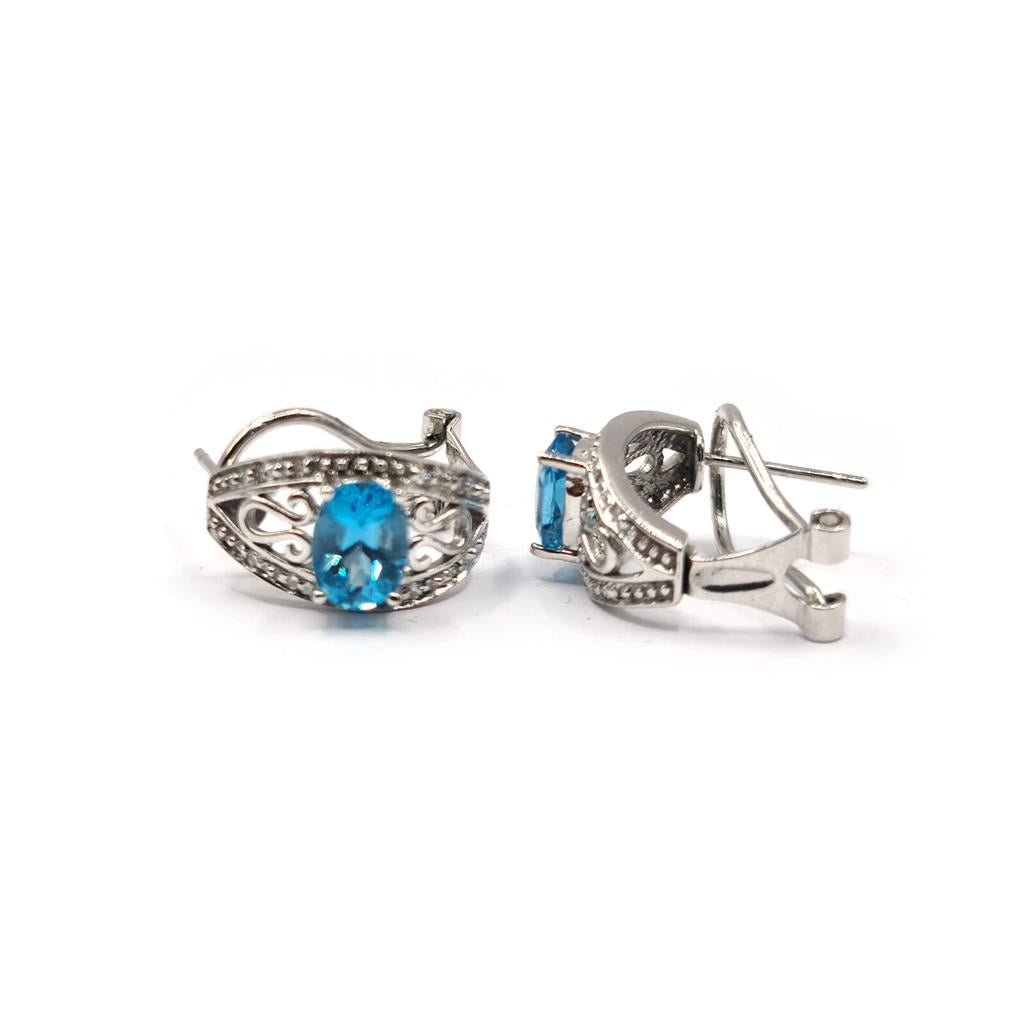 14ct white gold topaz and diamond earrings with post and lever back, featuring 1.70 carat topaz and sparkling diamonds.