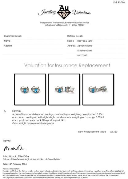 14ct white gold topaz and diamond earrings with post and lever back, featuring a 1.70 carat topaz and sparkling diamonds.