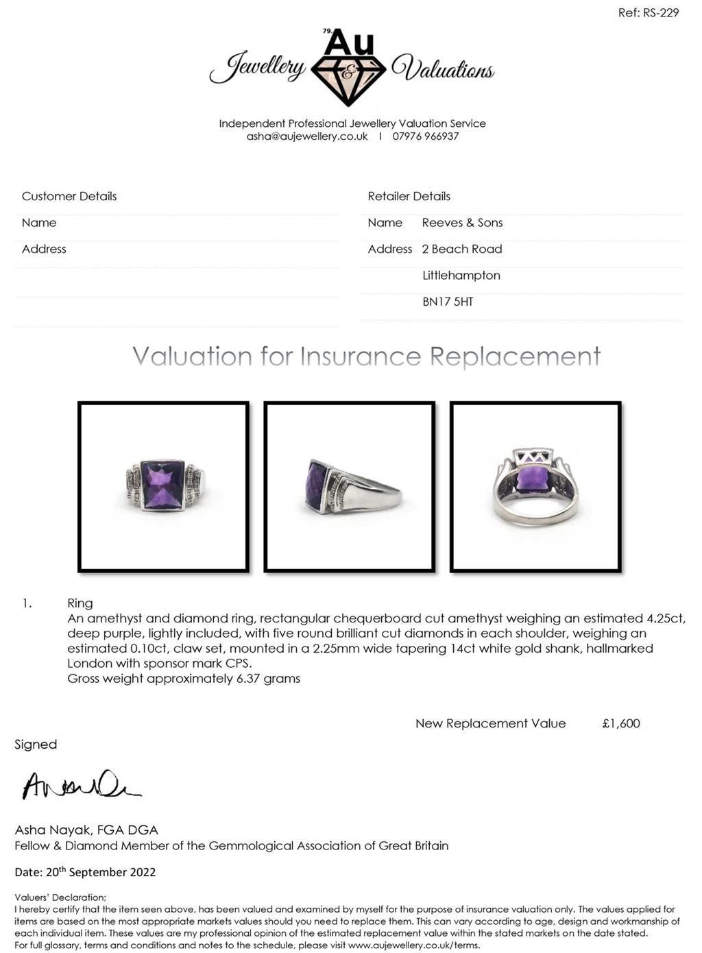 14ct white gold ring with a 4.25 carat purple amethyst gemstone and diamond accents, elegant jewelry piece.