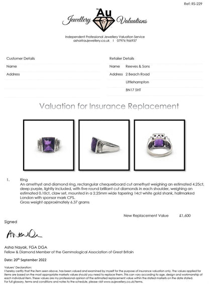 14ct white gold ring with a 4.25 carat purple amethyst gemstone and diamond accents, elegant jewelry piece.