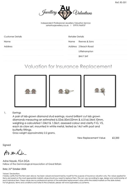 14ct white gold diamond earrings featuring sparkling diamonds, weighing 2.2 grams, shown in a close-up image.