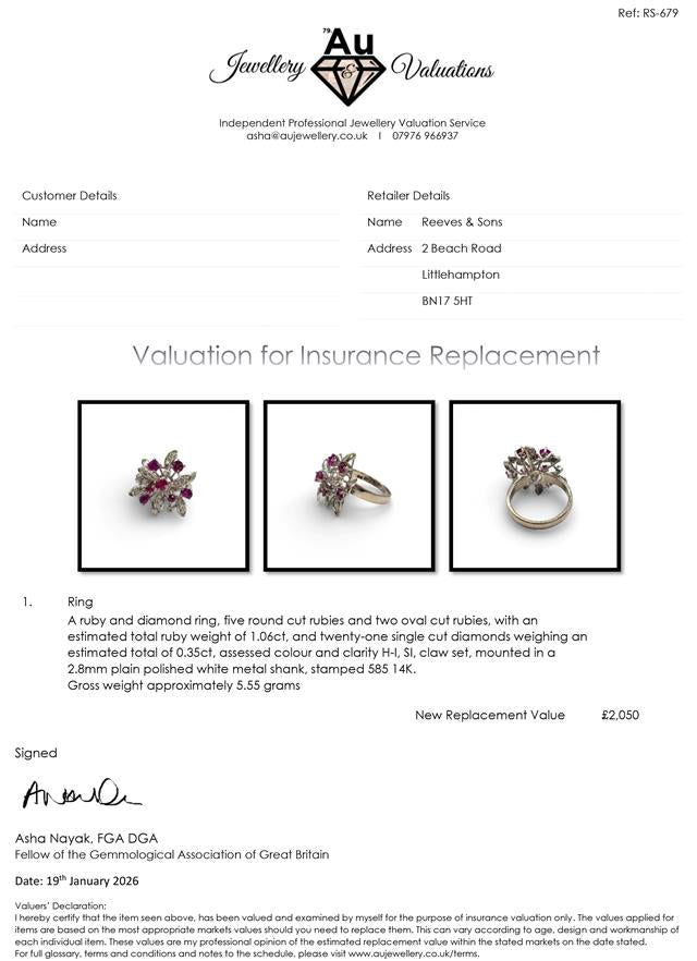 14ct white gold ruby and diamond ring featuring a central ruby and sparkling diamonds, elegant and luxurious jewelry piece.