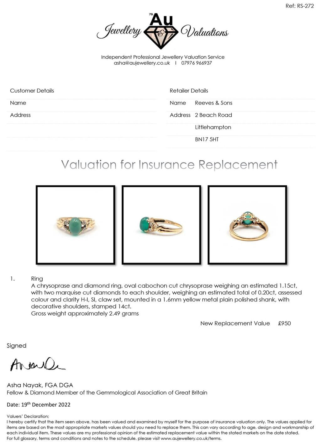 Yellow gold ring featuring a 1.15 carat chrysoprase gemstone and 0.20 carat diamond accent, unbranded jewelry accessory.