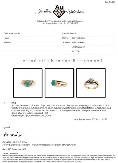 Yellow gold ring featuring a 1.15 carat chrysoprase gemstone and 0.20 carat diamond accent, unbranded jewelry accessory.