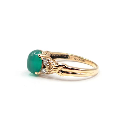 14ct yellow gold ring featuring a 1.15 carat chrysoprase and 0.20 carat diamond accent, elegant jewelry piece.