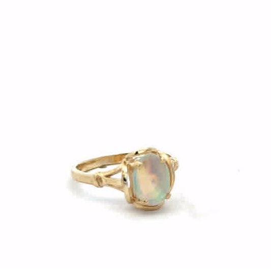14ct yellow gold opal ring in size N featuring a vibrant opal stone set in a polished gold band.
