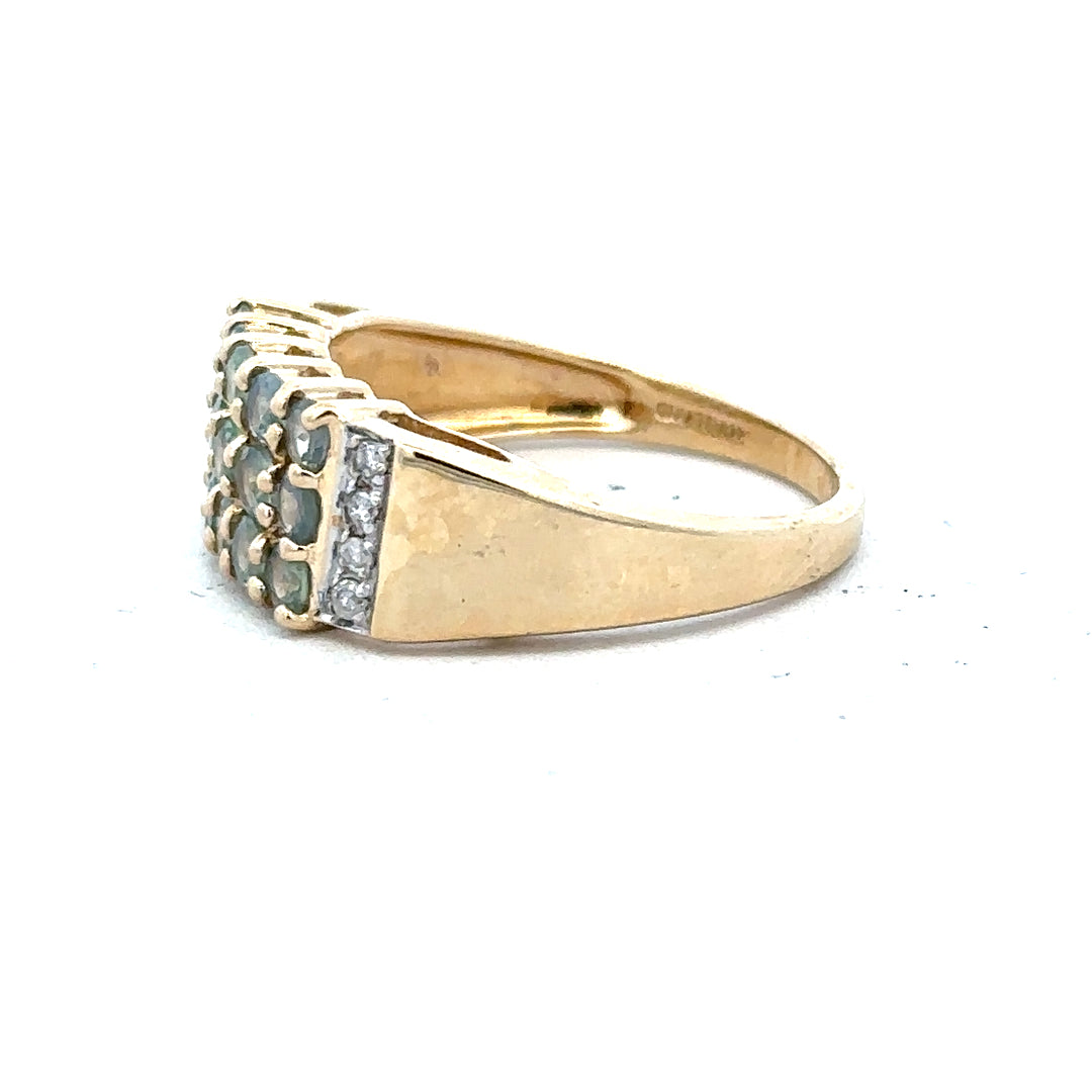14ct yellow gold ring in size P with a smooth band, unbranded, shown close-up on a plain background.