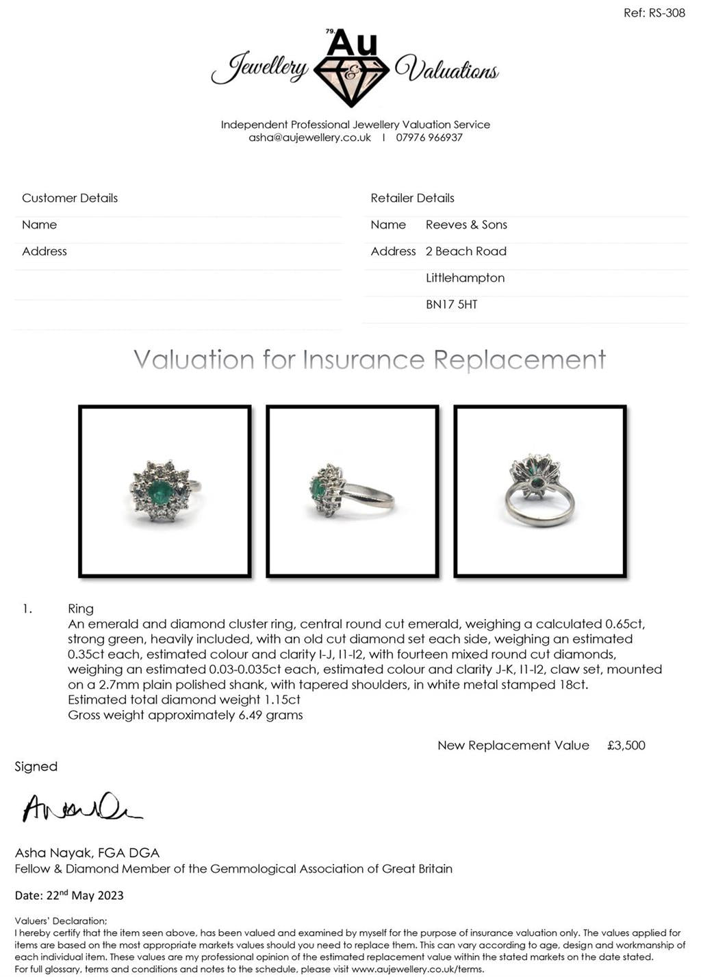 Elegant unbranded 18ct gold ring featuring a 0.65 carat emerald and 1.15 carat diamond accents.