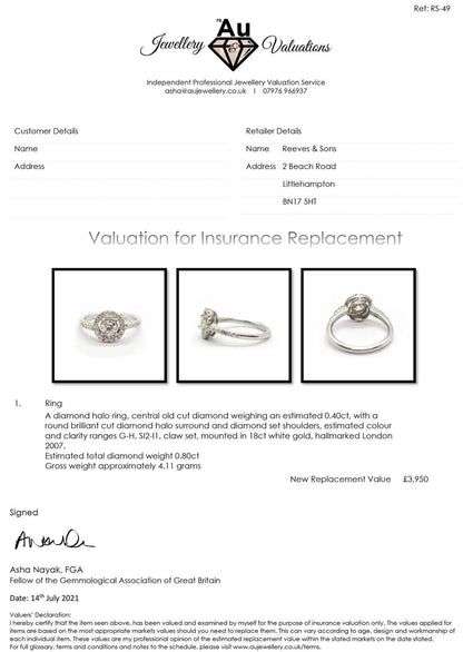 18ct gold diamond halo ring with 0.80ct center stone, featuring sparkling pave-set diamonds and a classic elegant design.