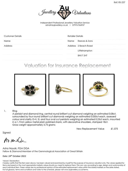 18ct gold ring featuring a 1-carat peridot gemstone and diamond accents, elegant jewelry piece with intricate design.