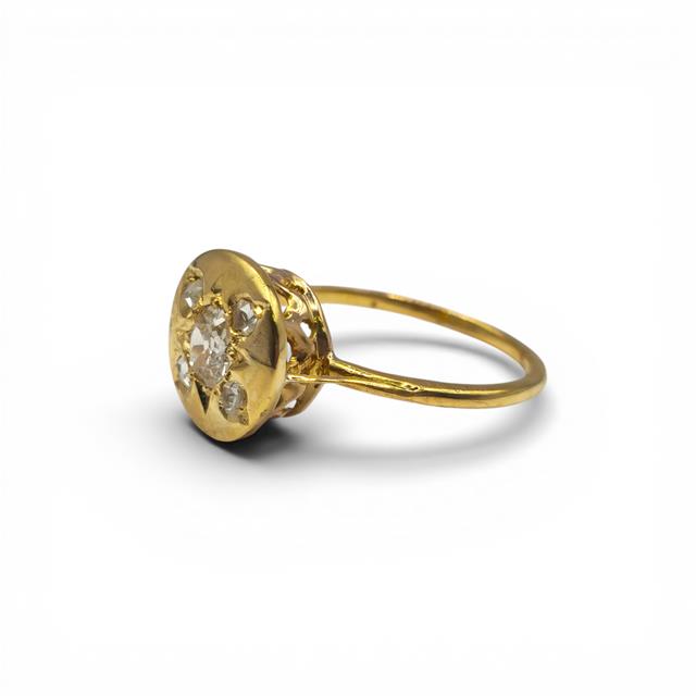 Antique 18ct yellow gold diamond ring with vintage design, unbranded with intricate detailing and sparkling diamond accents.